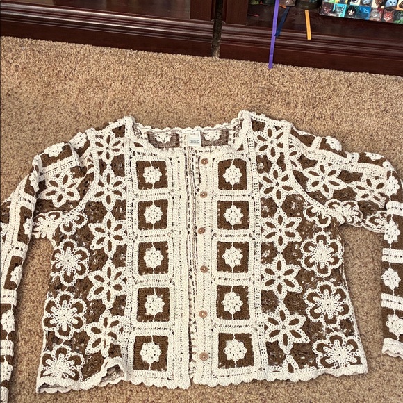 Ultra Pink Tops - Ultra Pink cardigan crochet granny squares boho medium brown/tan 100% cotton